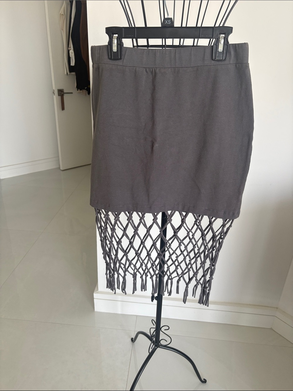 Fringe-Hem Mini Skirt in Grey